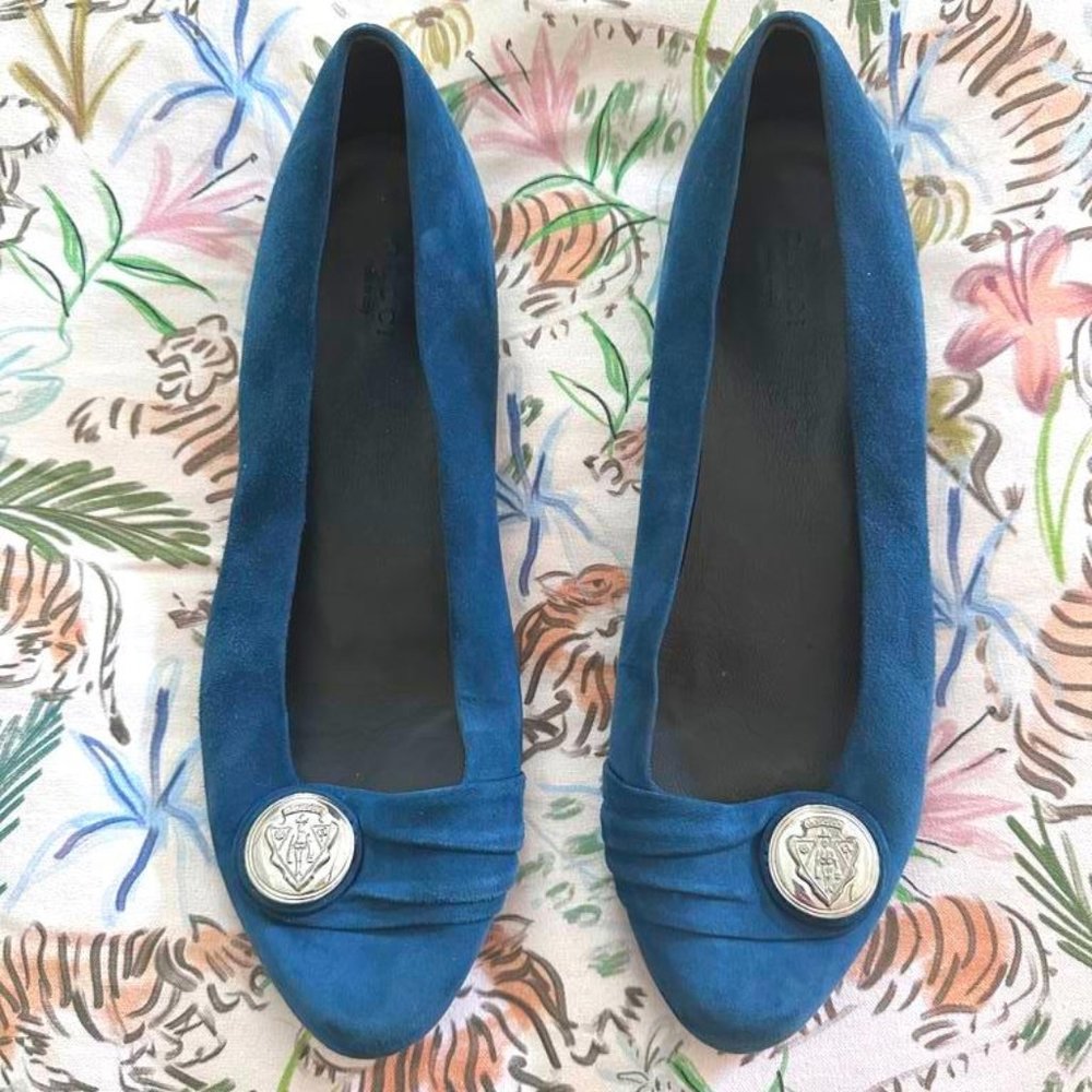 Gucci Hysteria Logo Crest Blue Suede Ballet Flat Loafer Sz 40 (10 US)